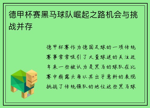 德甲杯赛黑马球队崛起之路机会与挑战并存